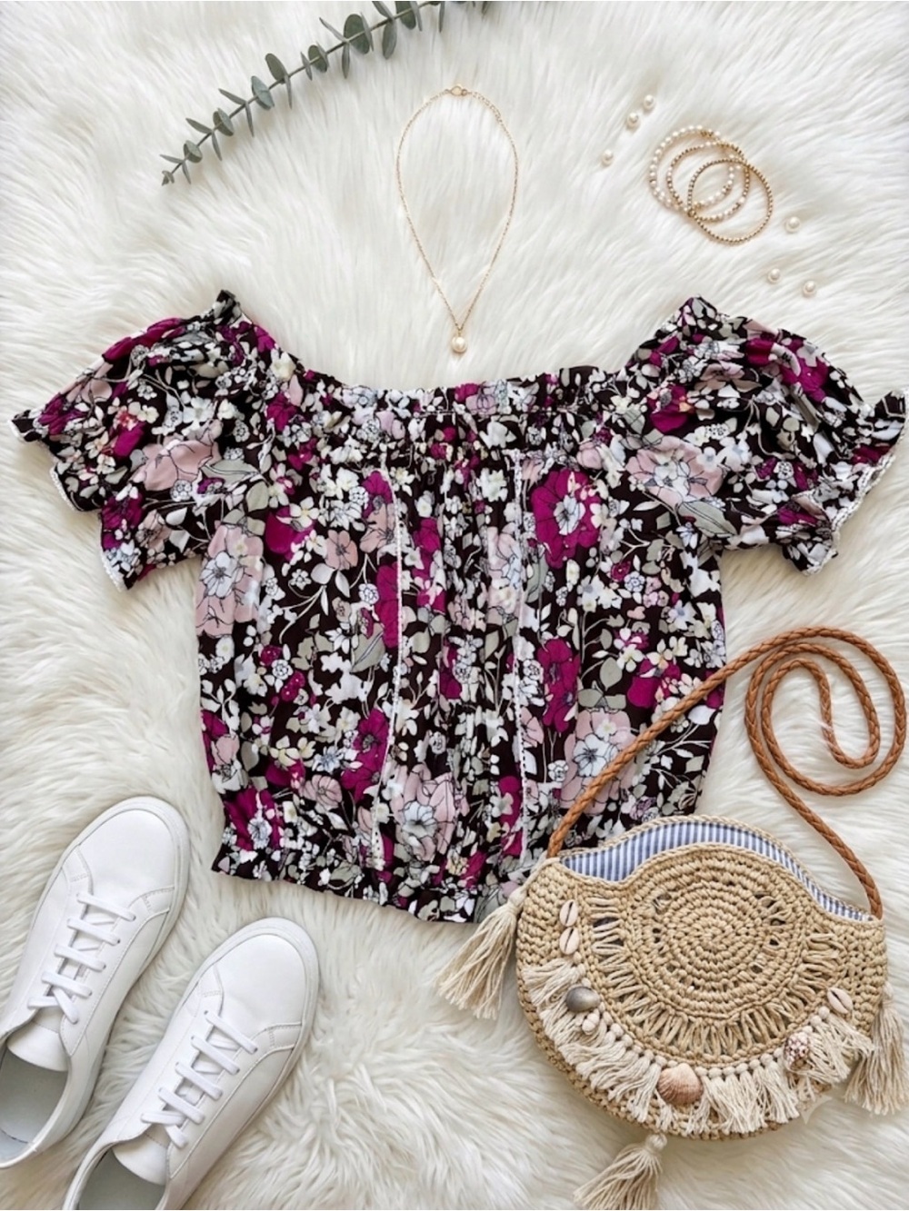 Off-Shoulder Smocked Pintuck Floral Crop Top - Brown with Pink Floral